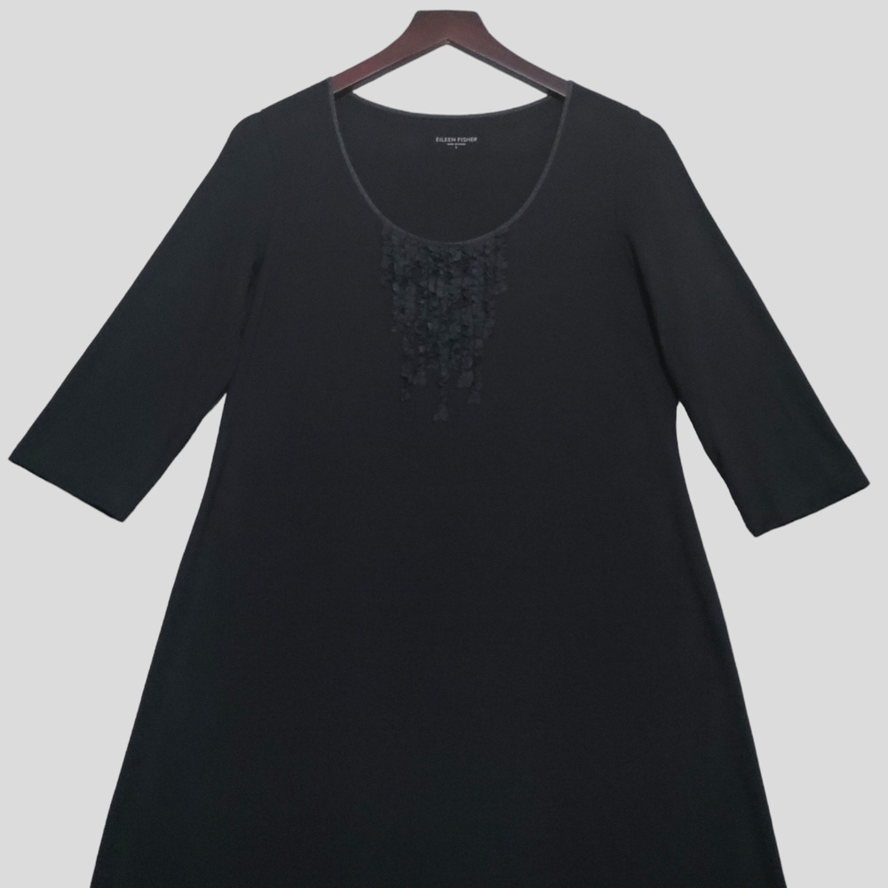 Eileen Fisher Dress Sz Small Viscose Stretch Jersey Knit Ruffle Neck 3/4 Sleeve - Picture 4 of 13